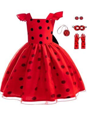 Girls Ladybug Costume Dress Halloween Cosplay Party Outfit Ages 3-10